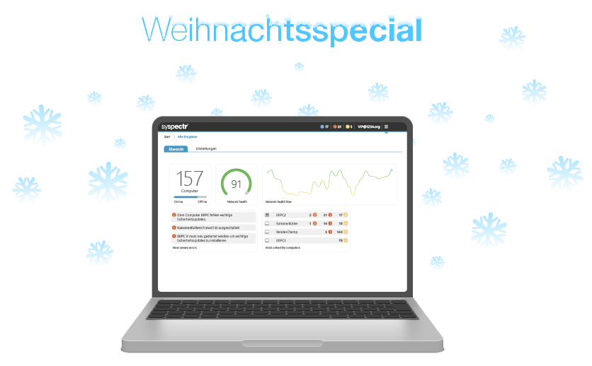 Holen Sie sich jetzt Ihr Weihnachtsgeschenk von O&O Software ab und nutzen Sie 12 Monate lang das neue O&O Syspectr Essentials im Wert von 99 Euro auf bis zu fünf PCs oder Servern - ohne automatische Verlängerung oder Kosten für Sie.